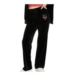 Chicago Bulls Velour Pants Black Stretch Waist Drawstring Straight Leg Womens M